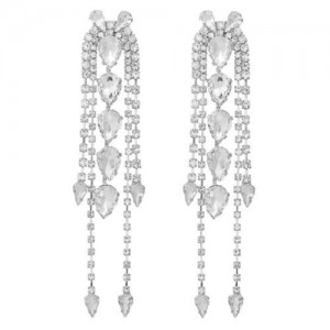Super Shining Rhinestone Tassel Party Wholesale Costume Earrings - Silver