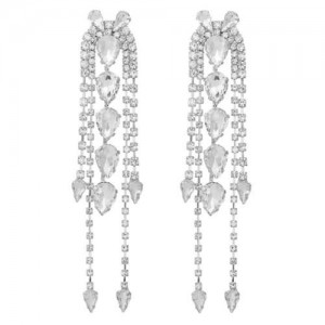 Super Shining Rhinestone Tassel Party Wholesale Costume Earrings - Silver