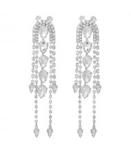 Super Shining Rhinestone Tassel Party Wholesale Costume Earrings - Silver