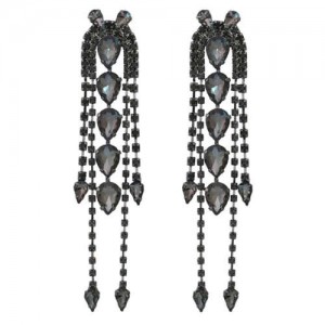 Super Shining Rhinestone Tassel Party Wholesale Costume Earrings - Black