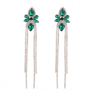 Shining Rhinestone Flower Long Tassel Banquet Wholesale Evening Earrings - Green