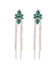 Shining Rhinestone Flower Long Tassel Banquet Wholesale Evening Earrings - Green