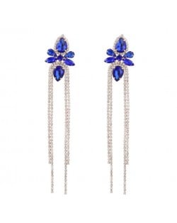Shining Rhinestone Flower Long Tassel Banquet Wholesale Evening Earrings - Blue