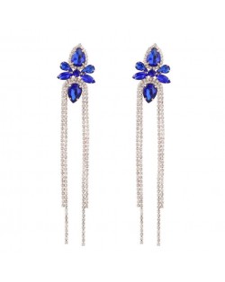 Shining Rhinestone Flower Long Tassel Banquet Wholesale Evening Earrings - Blue