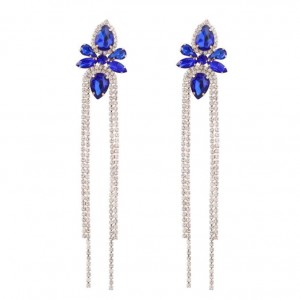 Shining Rhinestone Flower Long Tassel Banquet Wholesale Evening Earrings - Blue