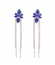 Shining Rhinestone Flower Long Tassel Banquet Wholesale Evening Earrings - Blue