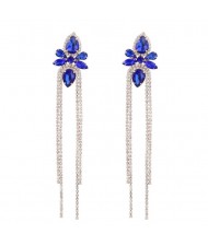 Shining Rhinestone Flower Long Tassel Banquet Wholesale Evening Earrings - Blue