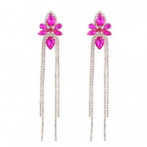 Shining Rhinestone Flower Long Tassel Banquet Wholesale Evening Earrings - Rose