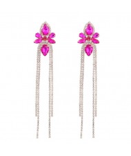 Shining Rhinestone Flower Long Tassel Banquet Wholesale Evening Earrings - Rose