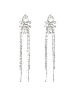 Shining Rhinestone Flower Long Tassel Banquet Wholesale Evening Earrings - Silver