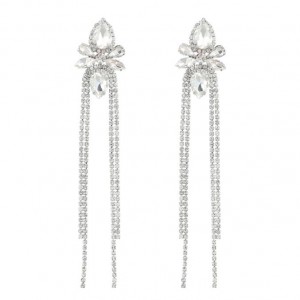 Shining Rhinestone Flower Long Tassel Banquet Wholesale Evening Earrings - Silver