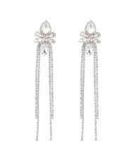 Shining Rhinestone Flower Long Tassel Banquet Wholesale Evening Earrings - Silver