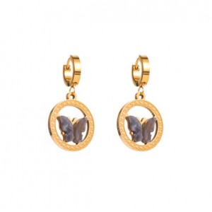 Butterfly Inlaid Golden Round Dangle Wholesale Huggie Earrings