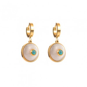 Turquoise Inlaid Golden Round Dangle Wholesale Huggie Earrings