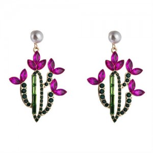 Creative Cactus Colorful Rhinestones Inlaid Retro Style Alloy Wholesale Earrings - Rose