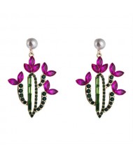 Creative Cactus Colorful Rhinestones Inlaid Retro Style Alloy Wholesale Earrings - Rose