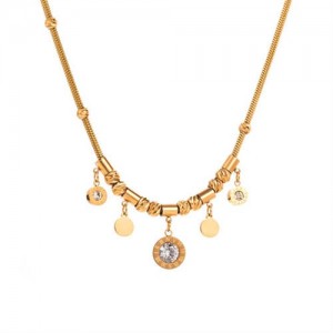 18K Gold Plated Rhinestone Inlaid Roman Numbers Pendant Stainless Steel Necklace