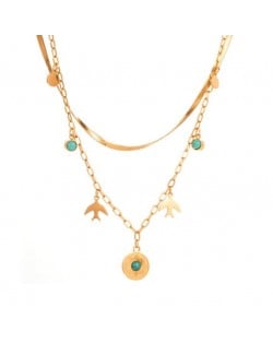 18K Gold Plated Turquoise Inlaid Round and Bird Pendants Stainless Steel Fashion Necklace