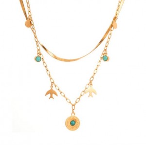 18K Gold Plated Turquoise Inlaid Round and Bird Pendants Stainless Steel Fashion Necklace