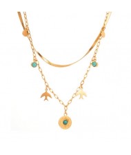 18K Gold Plated Turquoise Inlaid Round and Bird Pendants Stainless Steel Fashion Necklace