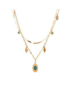 18K Gold Plated Turquoise Inlaid Oval and Leaf Pendants Stainless Steel Fashion Necklace