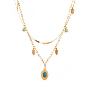 18K Gold Plated Turquoise Inlaid Oval and Leaf Pendants Stainless Steel Fashion Necklace