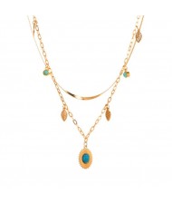 18K Gold Plated Turquoise Inlaid Oval and Leaf Pendants Stainless Steel Fashion Necklace