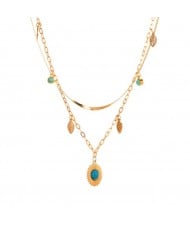 18K Gold Plated Turquoise Inlaid Oval and Leaf Pendants Stainless Steel Fashion Necklace