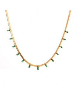 18K Gold Plated Green Zirconia Embellished Flat Snake Chain Stainless Steel Necklace