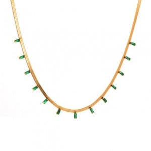 18K Gold Plated Green Zirconia Embellished Flat Snake Chain Stainless Steel Necklace