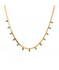 18K Gold Plated Green Zirconia Embellished Flat Snake Chain Stainless Steel Necklace