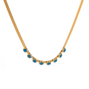 18K Gold Plated Blue Eye Embellished Flat Snake Chain Stainless Steel Necklace