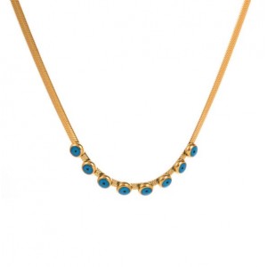 18K Gold Plated Blue Eye Embellished Flat Snake Chain Stainless Steel Necklace