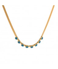 18K Gold Plated Blue Eye Embellished Flat Snake Chain Stainless Steel Necklace