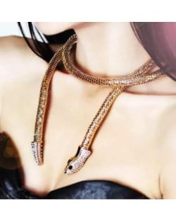 Rhinestone Embellished Snake Design Unique High Fashion Costume Necklace - Golden