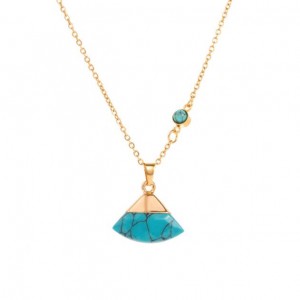 18K Gold Plated Turquoise Inlaid Graceful Fan Shape Pendant Stainless Steel Necklace