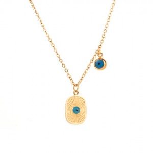 18K Gold Plated Turquoise Inlaid Graceful Oblong and Eyeball Pendant Stainless Steel Necklace