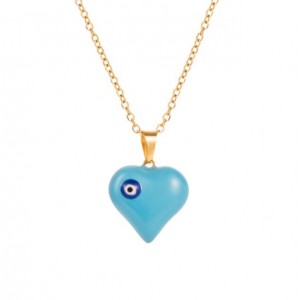 18K Gold Plated Evil Eye Decorated Heart Pendant Stainless Steel Necklace - Blue