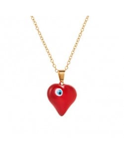 18K Gold Plated Evil Eye Decorated Heart Pendant Stainless Steel Necklace - Red