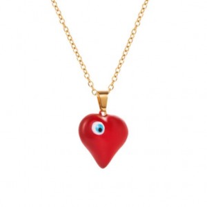 18K Gold Plated Evil Eye Decorated Heart Pendant Stainless Steel Necklace - Red