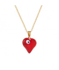 18K Gold Plated Evil Eye Decorated Heart Pendant Stainless Steel Necklace - Red