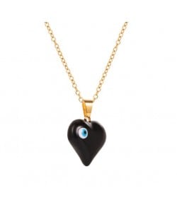 18K Gold Plated Evil Eye Decorated Heart Pendant Stainless Steel Necklace - Black