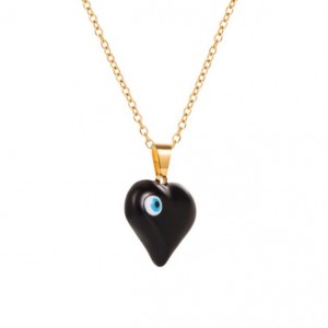 18K Gold Plated Evil Eye Decorated Heart Pendant Stainless Steel Necklace - Black