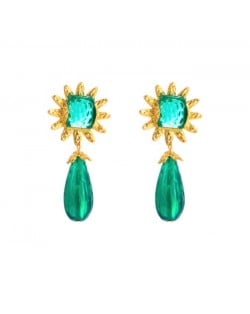 Vintage Royal Fashion Green Gem Sunflower Design Wholesale Women Dangle Earrings