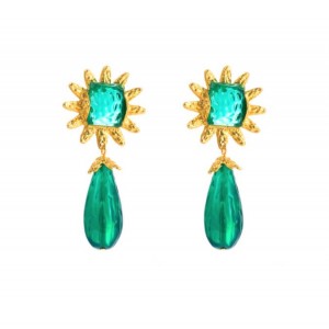 Vintage Royal Fashion Green Gem Sunflower Design Wholesale Women Dangle Earrings