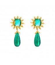 Vintage Royal Fashion Green Gem Sunflower Design Wholesale Women Dangle Earrings