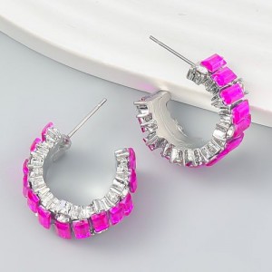 Bling Rhinestone Paved Fashion C Shape Women Earrings - Rose