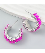 Bling Rhinestone Paved Fashion C Shape Women Earrings - Rose