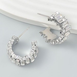 Bling Rhinestone Paved Fashion C Shape Women Earrings - White