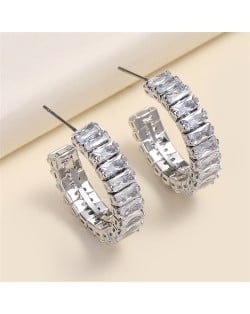 Bling Rhinestone Paved Fashion C Shape Women Earrings - White